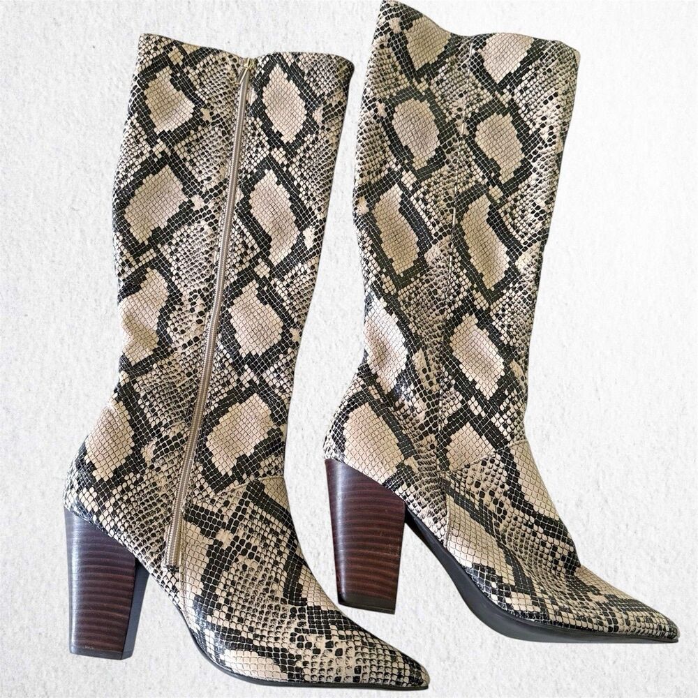 Women's Crown & Ivy Azaela Snakeskin Print High Heel Boots Knee High Zip 9.5M